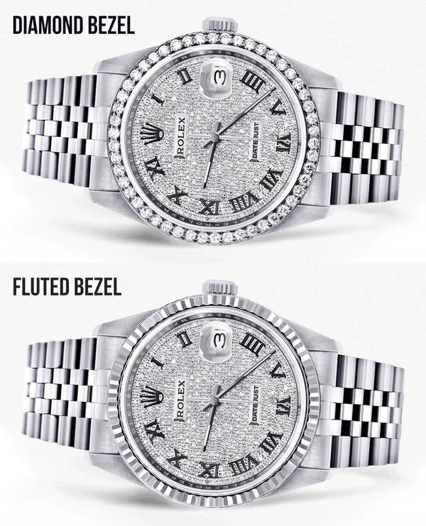 Diamond Rolex Datejust Watch 16200 | 36MM | Full Diamond Roman Dial | Stainless Steel | Jubilee Band