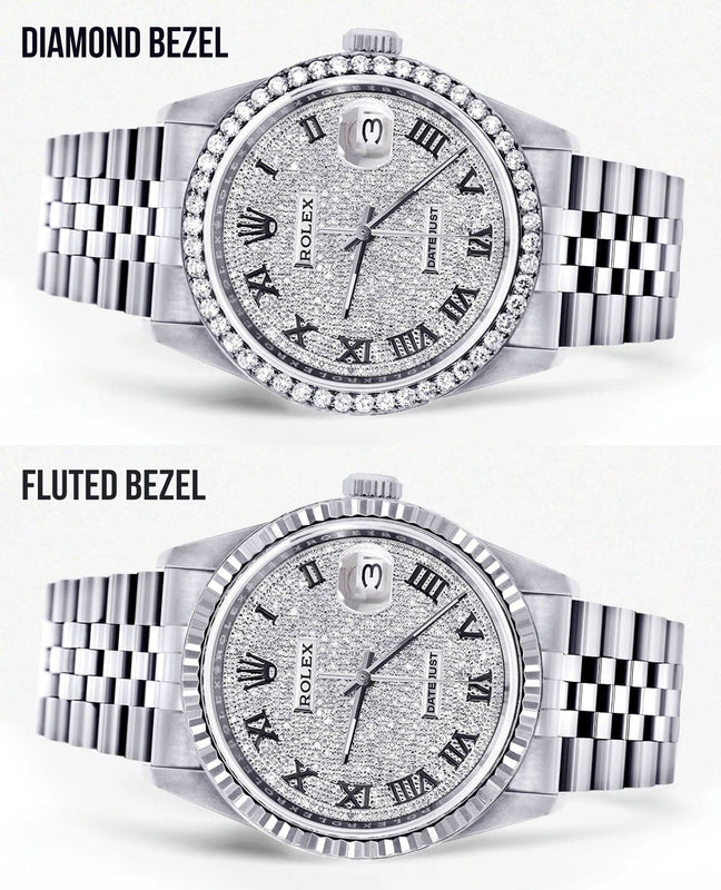 Mens Diamond Rolex Datejust Watch 16200  | 36MM | Fully Iced Out Diamond Roman Dial | Jubilee Band