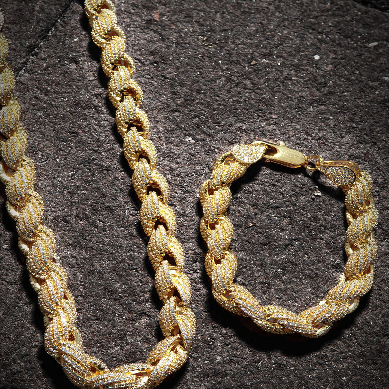 Solid Gold Plated Iced Out Rope Chain & Bracelet ( 10 Mm )