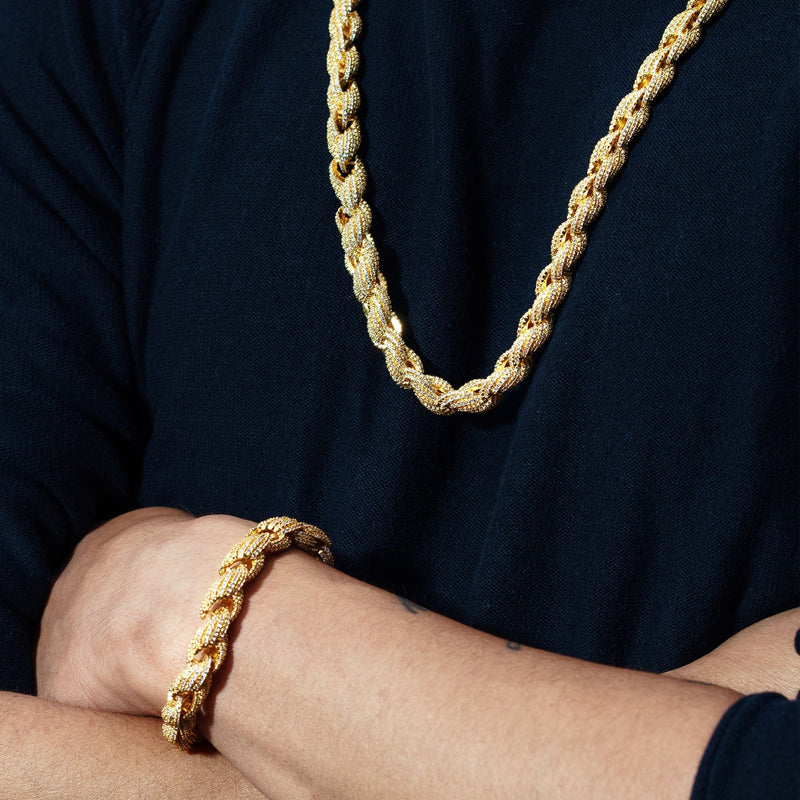 Solid Gold Plated Iced Out Rope Chain & Bracelet ( 10 Mm )