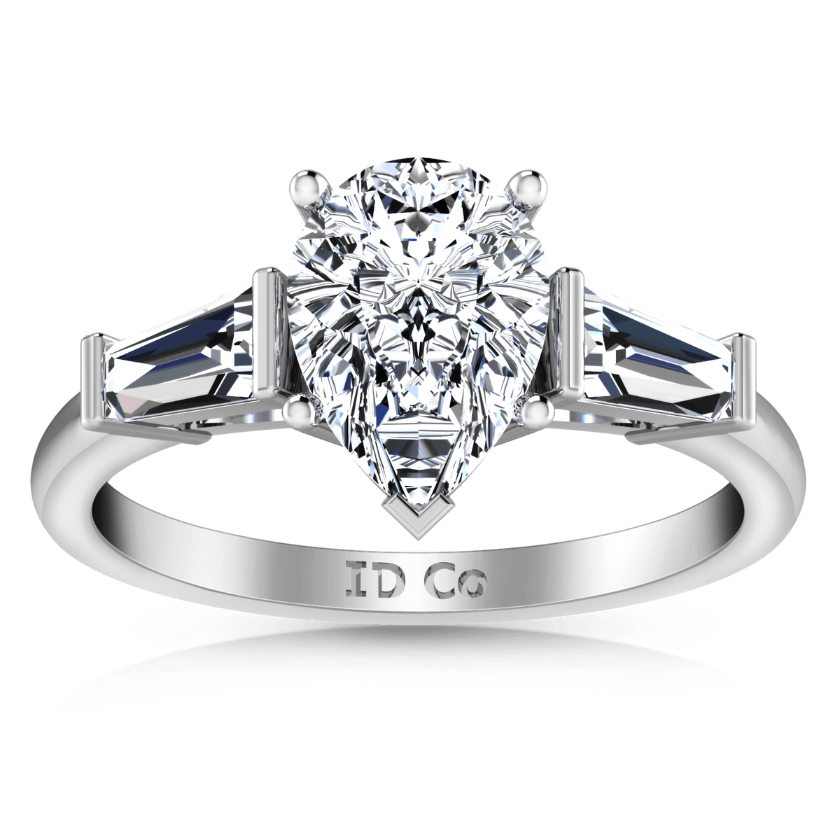 Three Stone Pear Diamond Engagement Ring Tapered Baguette 14K White Gold