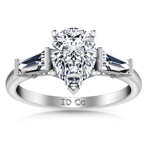 Three Stone Pear Diamond Engagement Ring Tapered Baguette 14K White Gold