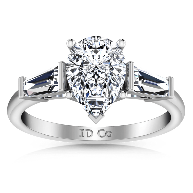 Three Stone Pear Diamond Engagement Ring Tapered Baguette 14K White Gold