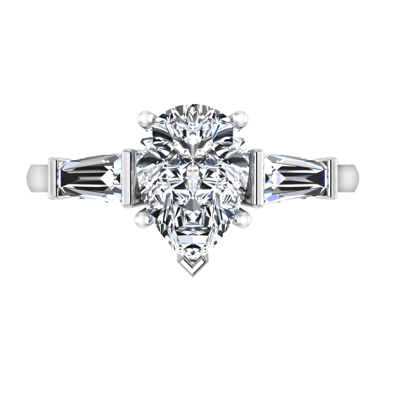 Three Stone Pear Diamond Engagement Ring Tapered Baguette 14K White Gold