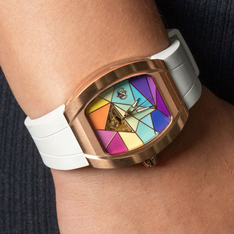 Frost NYC Evolution Women's Watch - Automatic Skeleton Rainbow Rose Triangle | WFRST-01-TD-R White Band | Pre - Sale
