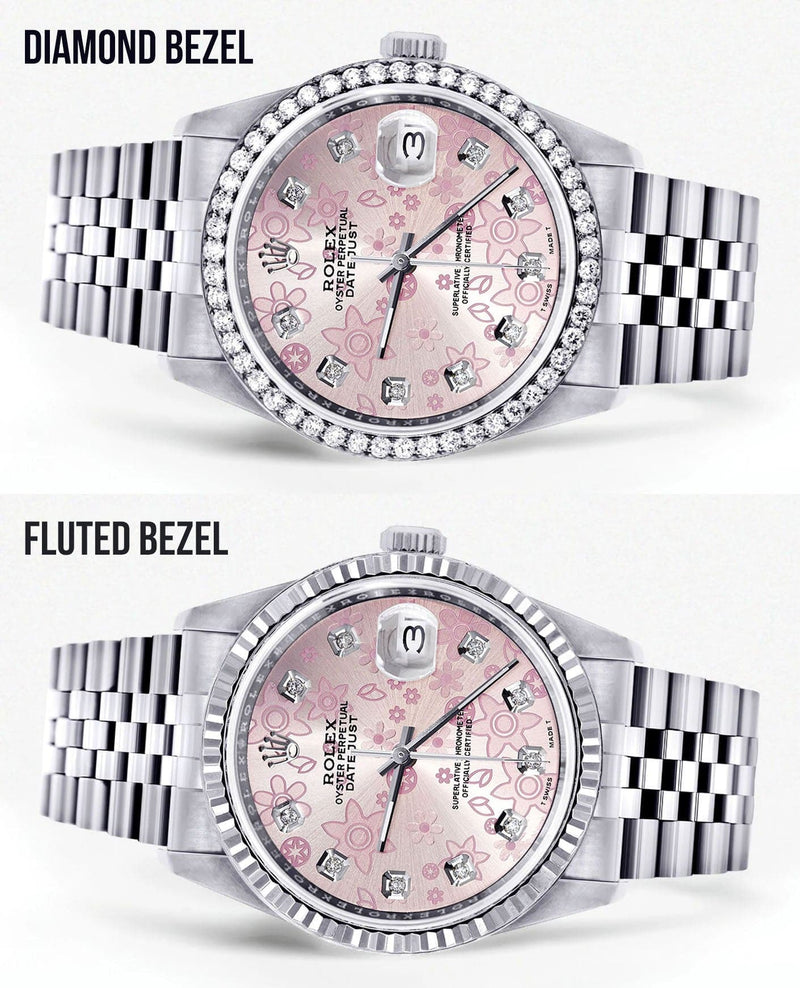 Diamond Mens Rolex Datejust Watch 16200 | 36MM | Pink Flower Diamond Dial | Jubilee Band