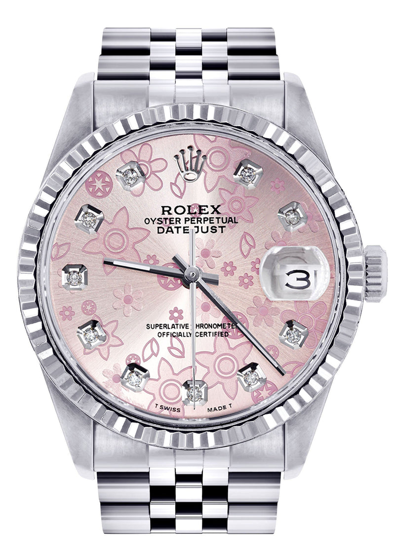 Womens Rolex Datejust Watch 16200  | 36Mm | Pink Flower Dial | Fluted Bezel | Jubilee Band