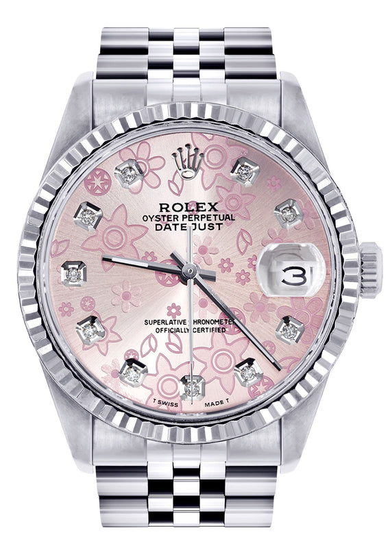 Womens Rolex Datejust Watch 16200  | 36Mm | Pink Flower Dial | Fluted Bezel | Jubilee Band