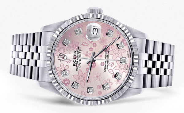 Womens Rolex Datejust Watch 16200  | 36Mm | Pink Flower Dial | Fluted Bezel | Jubilee Band