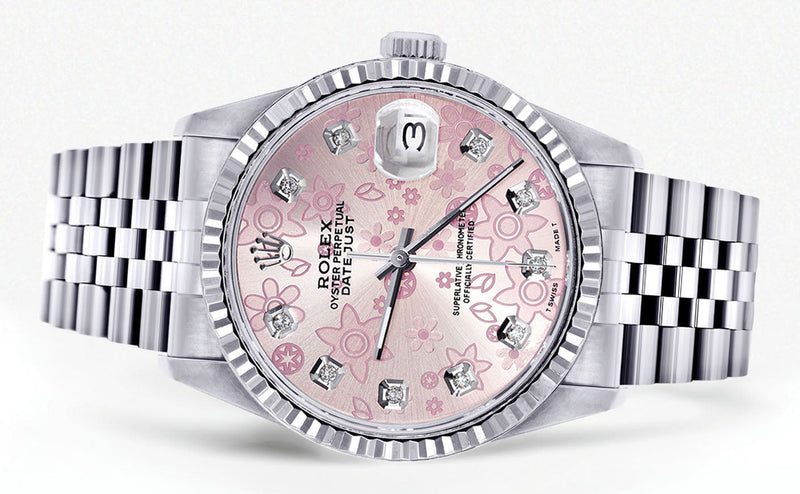 Womens Rolex Datejust Watch 16200  | 36Mm | Pink Flower Dial | Fluted Bezel | Jubilee Band