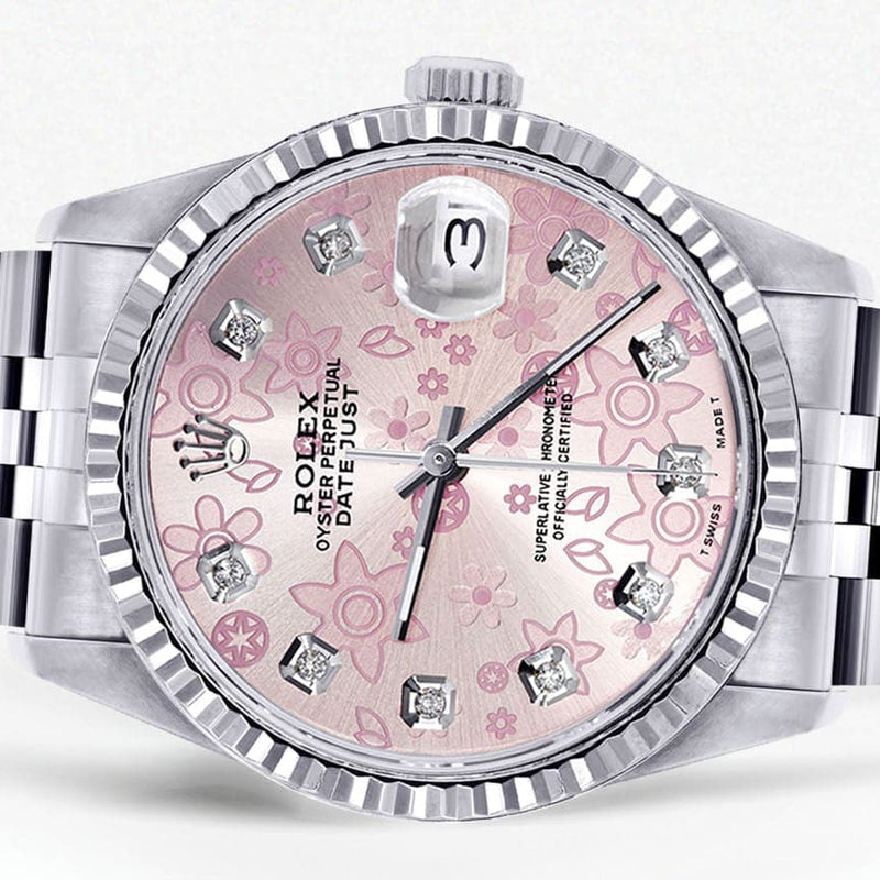 Mens Rolex Datejust Watch 16200 | Fluted Bezel | 36Mm | Pink Flower Dial | Jubilee Band