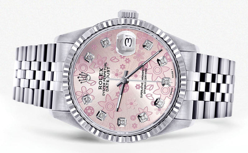 Mens Rolex Datejust Watch 16200 | Fluted Bezel | 36Mm | Pink Flower Dial | Jubilee Band