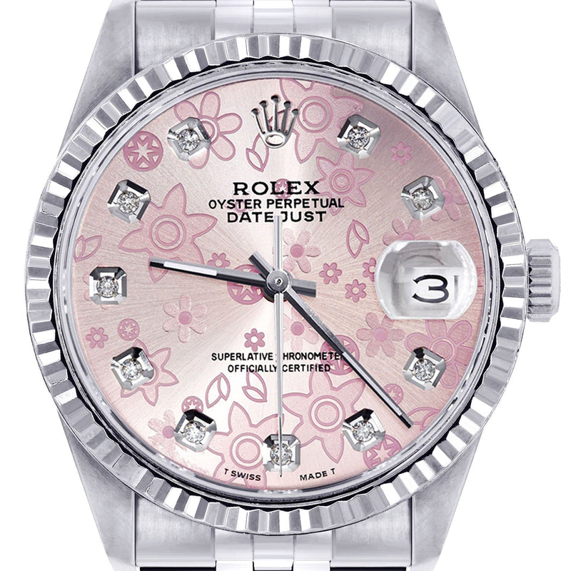 Mens Rolex Datejust Watch 16200 | Fluted Bezel | 36Mm | Pink Flower Dial | Jubilee Band