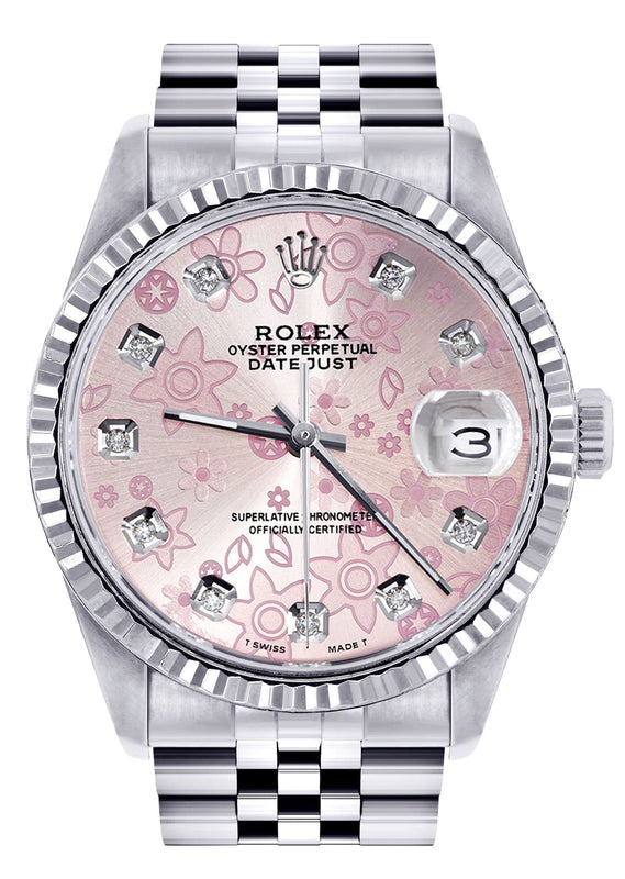Mens Rolex Datejust Watch 16200 | Fluted Bezel | 36Mm | Pink Flower Dial | Jubilee Band