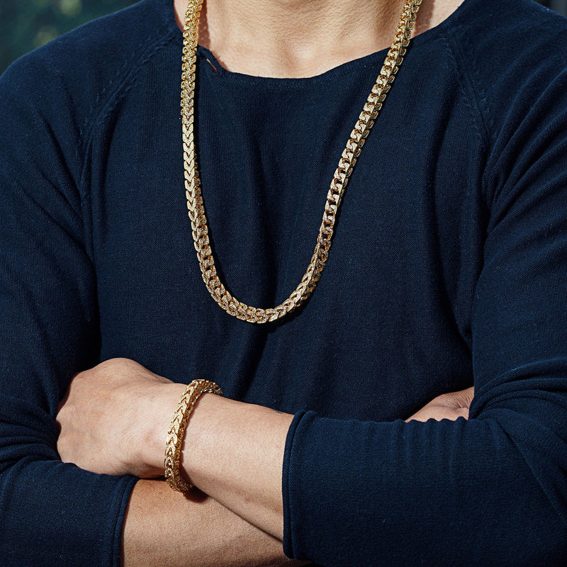 Solid Gold Plated Iced Out Franco Chain & Bracelet ( 8 Mm )