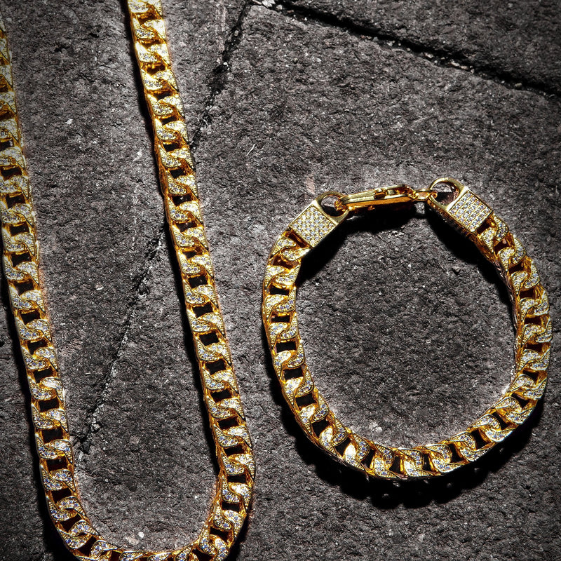 Solid Gold Plated Iced Out Franco Chain & Bracelet ( 8 Mm )