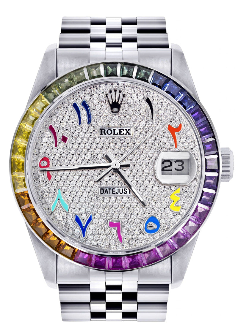Diamond Gold Rolex Watch For Men 16200 | 36Mm | Rainbow Sapphire Bezel | Rainbow Arabic Numeral Dial | Jubilee Band