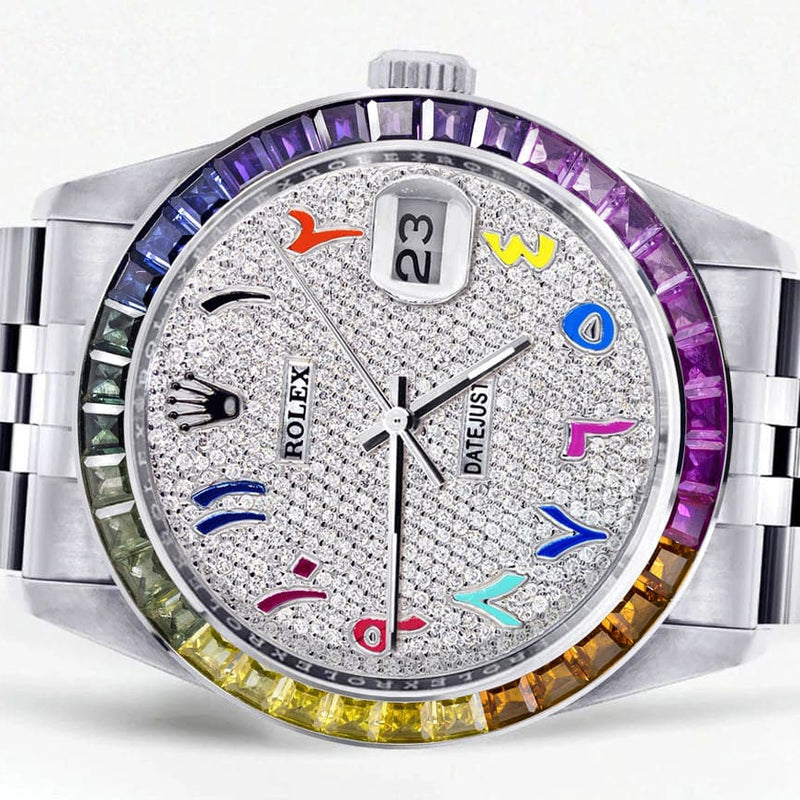 Diamond Gold Rolex Watch For Men 16200 | 36Mm | Rainbow Sapphire Bezel | Rainbow Arabic Numeral Dial | Jubilee Band