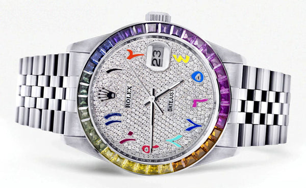 Diamond Gold Rolex Watch For Men 16200 | 36Mm | Rainbow Sapphire Bezel | Rainbow Arabic Numeral Dial | Jubilee Band