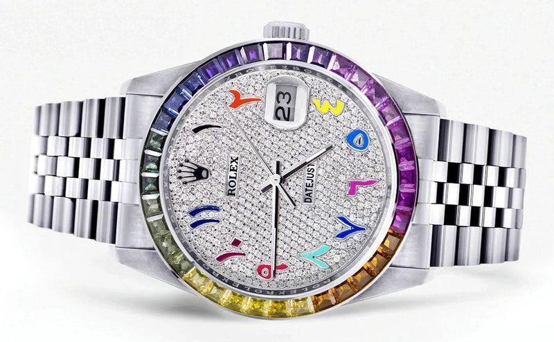 Diamond Gold Rolex Watch For Men 16200 | 36Mm | Rainbow Sapphire Bezel | Rainbow Arabic Numeral Dial | Jubilee Band