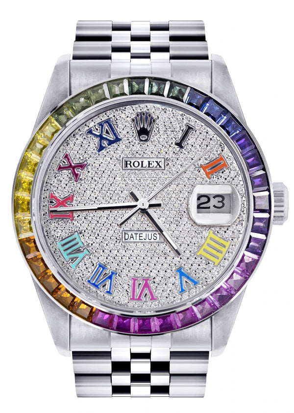 Diamond Gold Rolex Watch For Men 16200 | 36Mm | Rainbow Sapphire Bezel | Rainbow Roman Numeral Dial | Jubilee Band