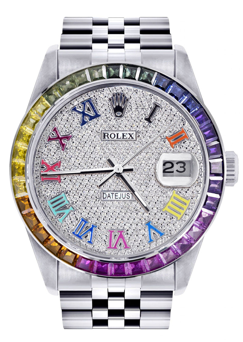 Diamond Gold Rolex Watch For Men 16200 | 36Mm | Rainbow Sapphire Bezel | Rainbow Roman Numeral Dial | Jubilee Band