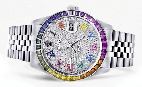 Diamond Gold Rolex Watch For Men 16200 | 36Mm | Rainbow Sapphire Bezel | Rainbow Roman Numeral Dial | Jubilee Band