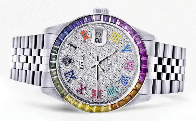 Diamond Gold Rolex Watch For Men 16200 | 36Mm | Rainbow Sapphire Bezel | Rainbow Roman Numeral Dial | Jubilee Band