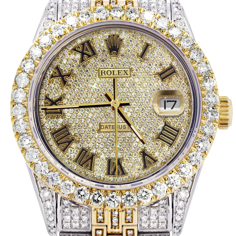 Iced Out Rolex Datejust 36 MM | Two Tone | 10 Carats of Diamonds | Full Diamond Gold Roman Diamond Dial