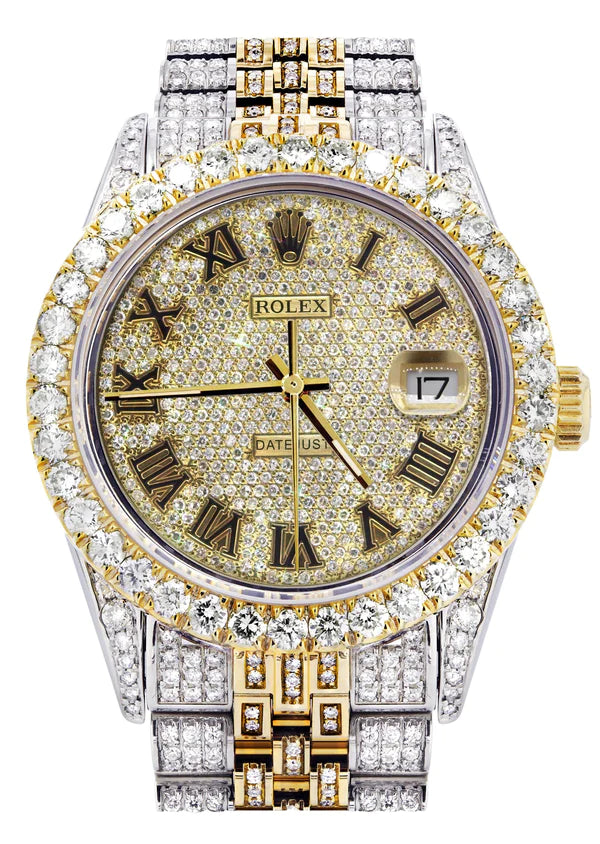 Iced Out Rolex Datejust | 36MM | Full Diamond Gold Roman Diamond Dial | Two Tone | Diamond Jubilee Band | 10 Carats of Diamonds