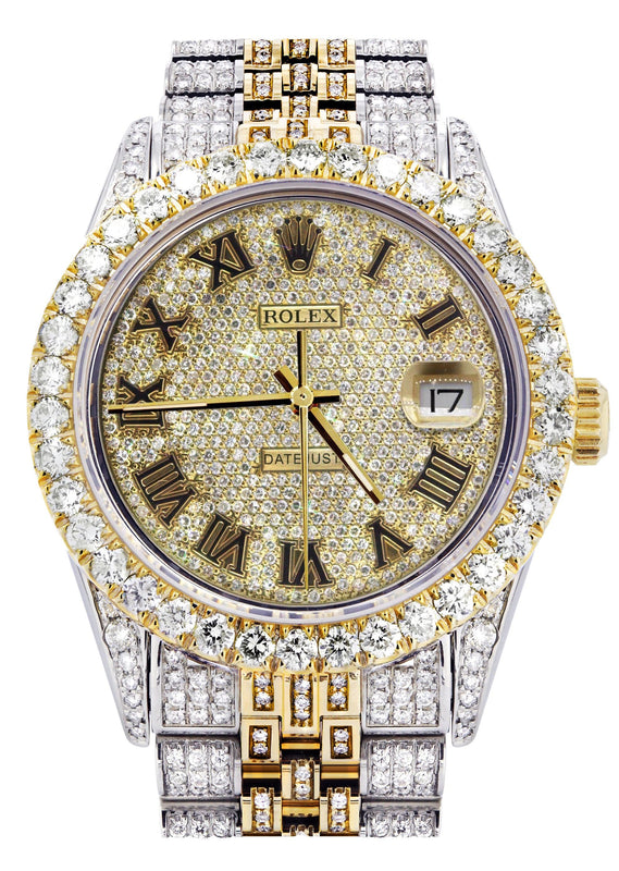 Iced Out Rolex Datejust 36 MM | Two Tone | 10 Carats of Diamonds | Full Diamond Gold Roman Diamond Dial
