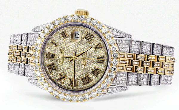 Iced Out Rolex Datejust | 36MM | Full Diamond Gold Roman Diamond Dial | Two Tone | Diamond Jubilee Band | 10 Carats of Diamonds