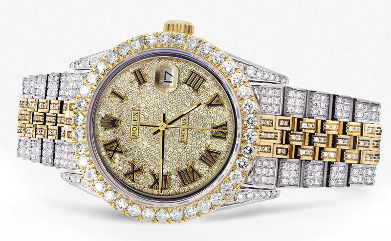 Iced Out Rolex Datejust 36 MM | Two Tone | 10 Carats of Diamonds | Full Diamond Gold Roman Diamond Dial