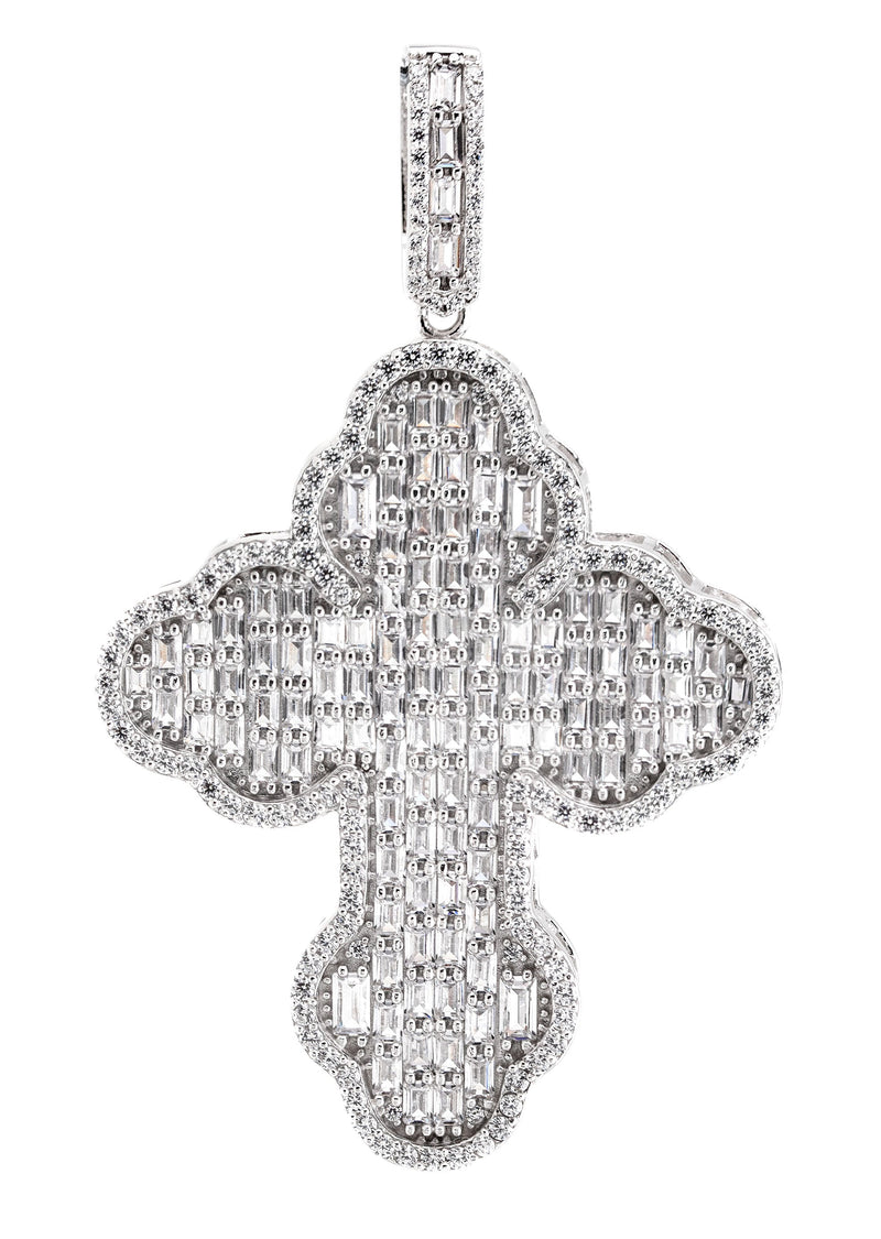 Silver Pendant - White Gold Cross Baguette Pendant | Appx 11 Grams