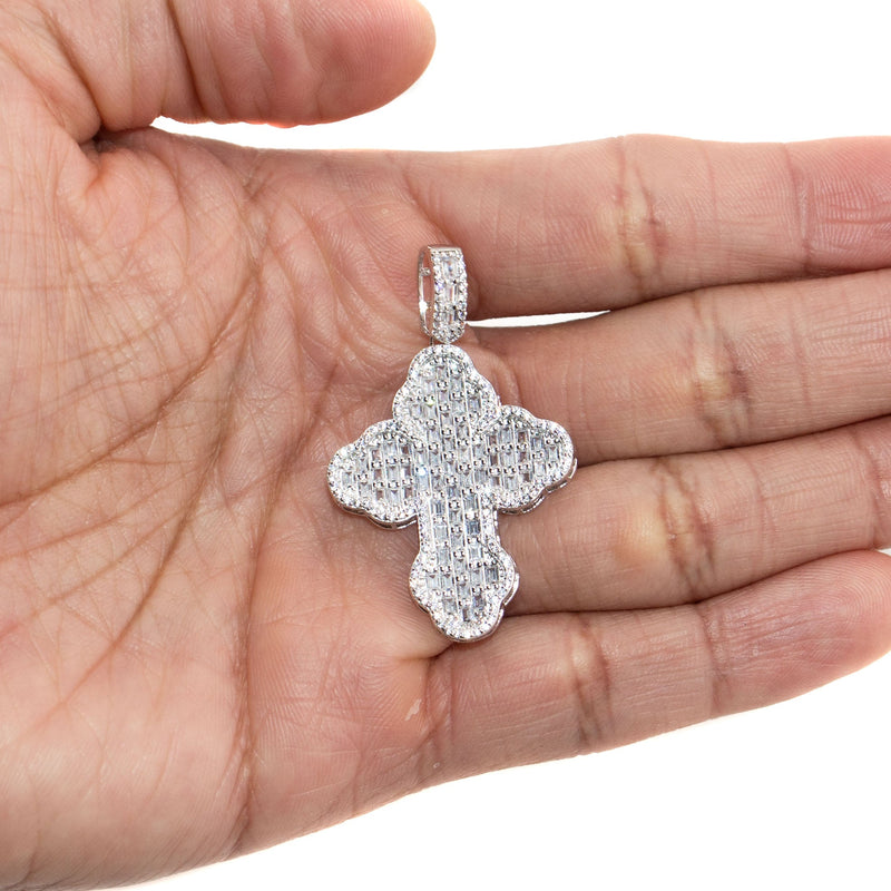 Silver Pendant - White Gold Cross Baguette Pendant | Appx 11 Grams