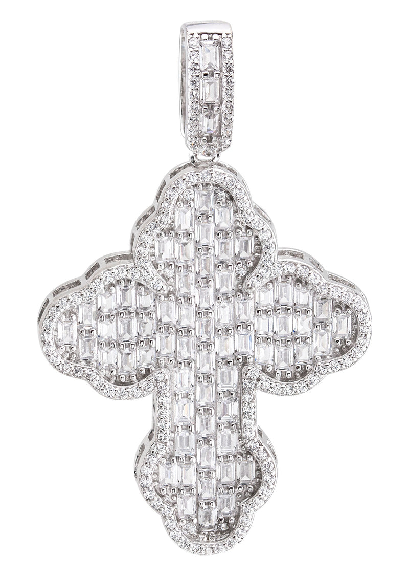 Silver Pendant - White Gold Cross Baguette Pendant | Appx 6.6 Grams