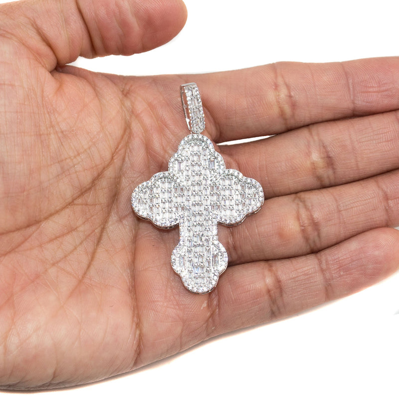 Silver Pendant - White Gold Cross Baguette Pendant | Appx 6.6 Grams
