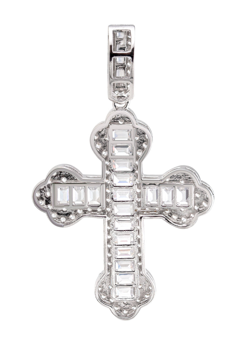 Silver Pendant - White Gold Cross Baguette Pendant | Appx 5 Grams