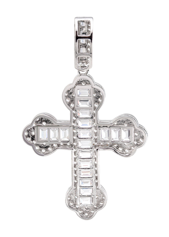 Silver Pendant - White Gold Cross Baguette Pendant | Appx 5 Grams