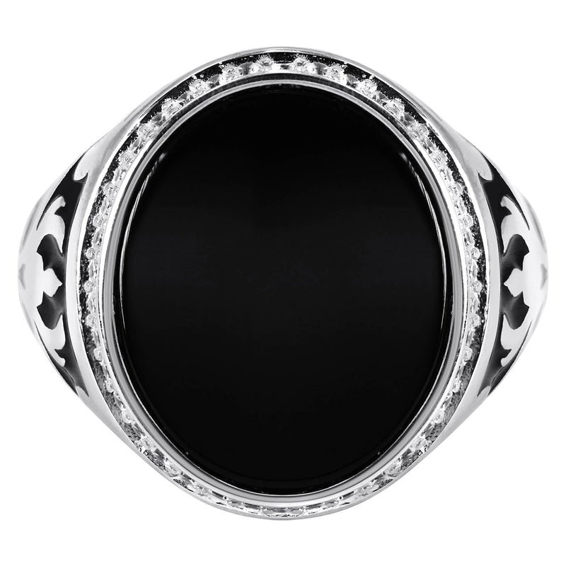 Mens Silver Round Onyx Signet Ring | Appx 7 Grams