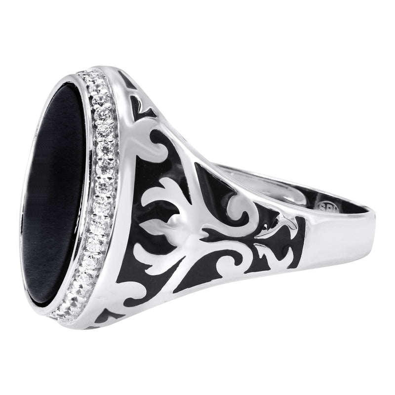 Mens Silver Round Onyx Signet Ring | Appx 7 Grams