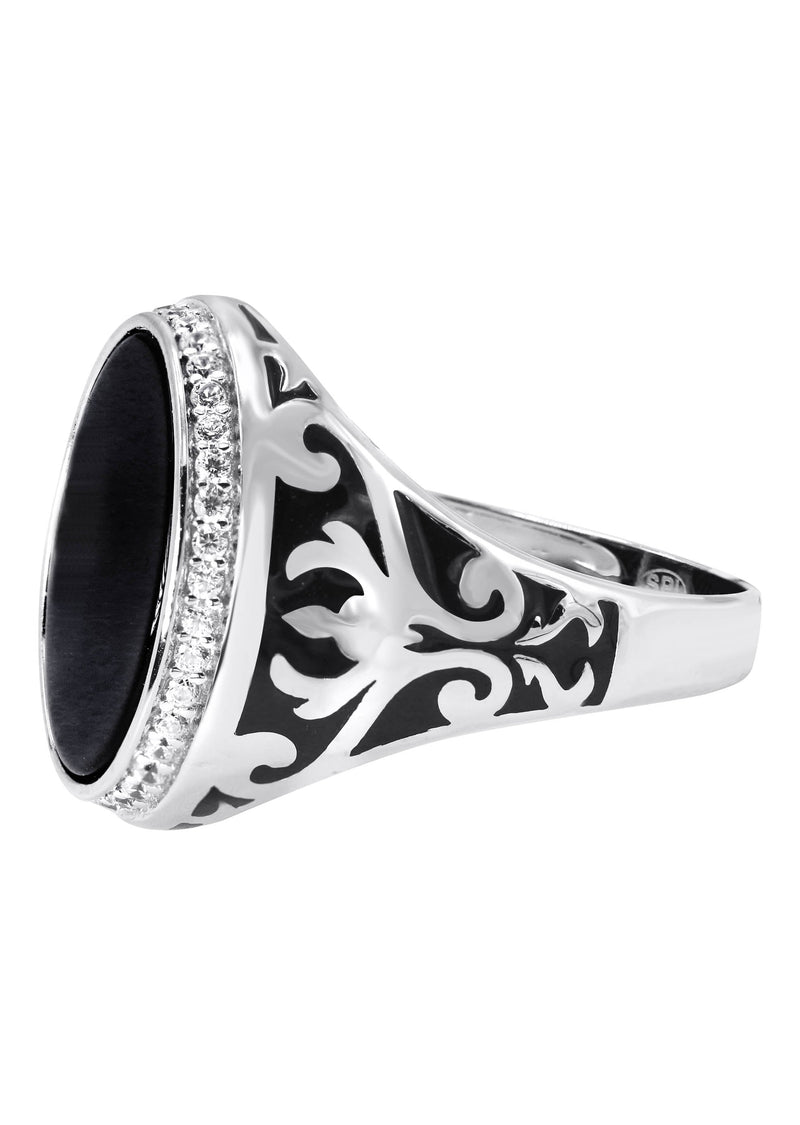 Mens Silver Round Onyx Signet Ring | Appx 7 Grams