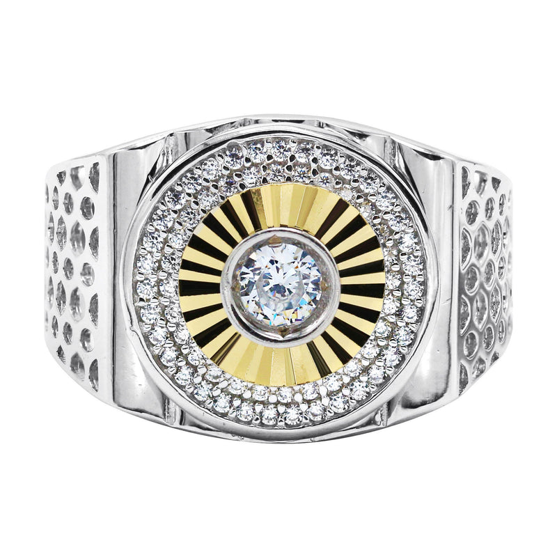Mens Silver Round CZ Gold Ring | Appx 8.2 Grams