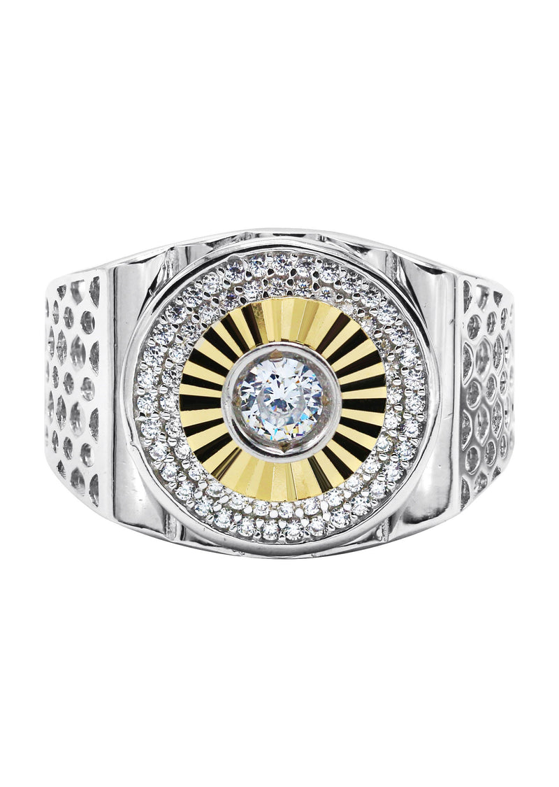 Mens Silver Round CZ Gold Ring | Appx 8.2 Grams