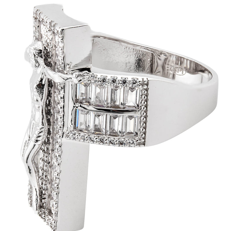 Mens Silver Baguette Cross Ring | Appx 10 Grams