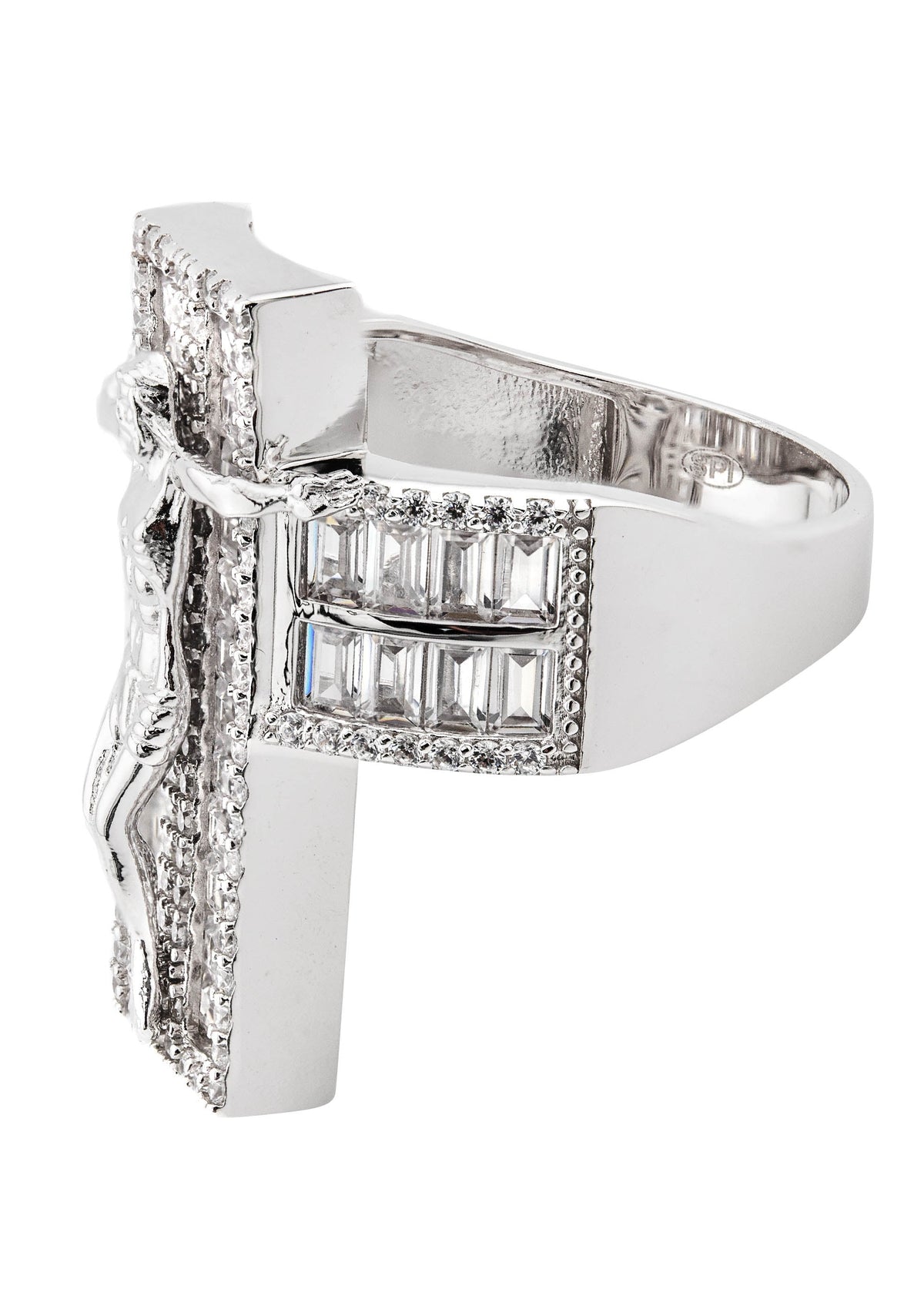 Mens Silver Baguette Cross Ring | Appx 10 Grams