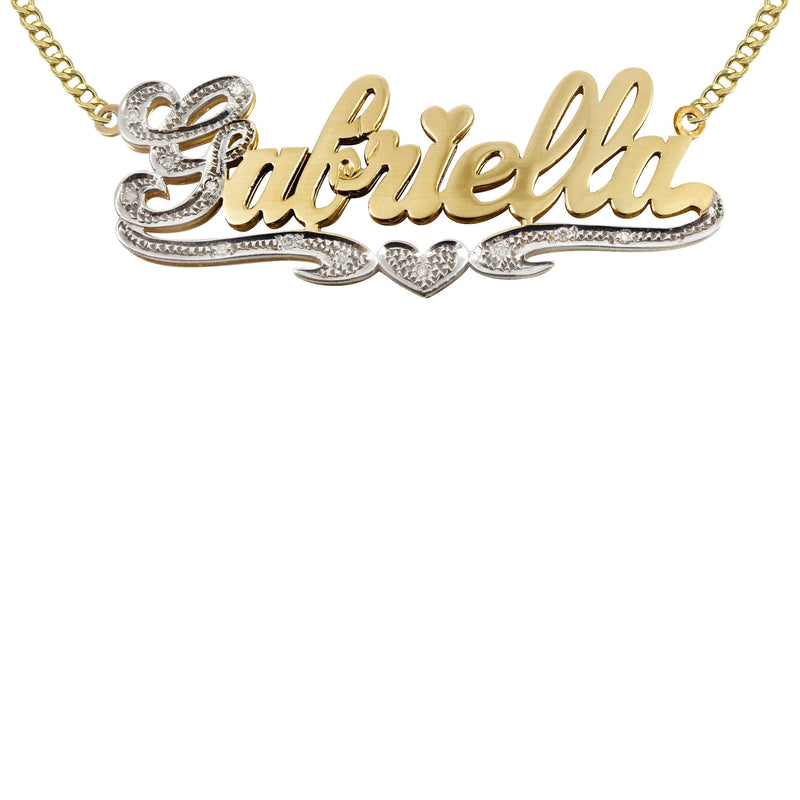 14K Gold  Two Tone Diamond Cut with Diamonds Name Plate Necklace | Style #28