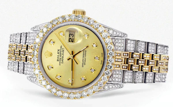 Iced Out Rolex Datejust | 36MM | Gold Diamond Dial | Two Tone | Diamond Jubilee Band | 10 Carats of Diamonds