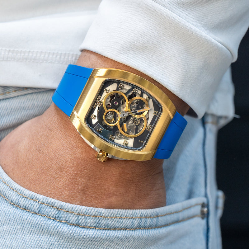 Frost NYC Mens Watch - Automatic  Skeleton Sport Gold Watch | FRST-01-CY| Blue