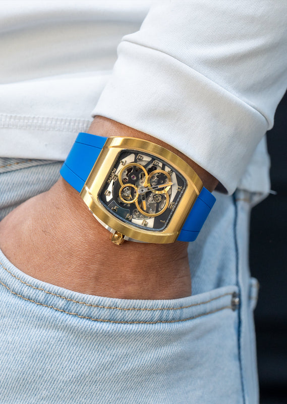 Frost NYC Mens Watch - Automatic  Skeleton Sport Gold Watch | FRST-01-CY| Blue